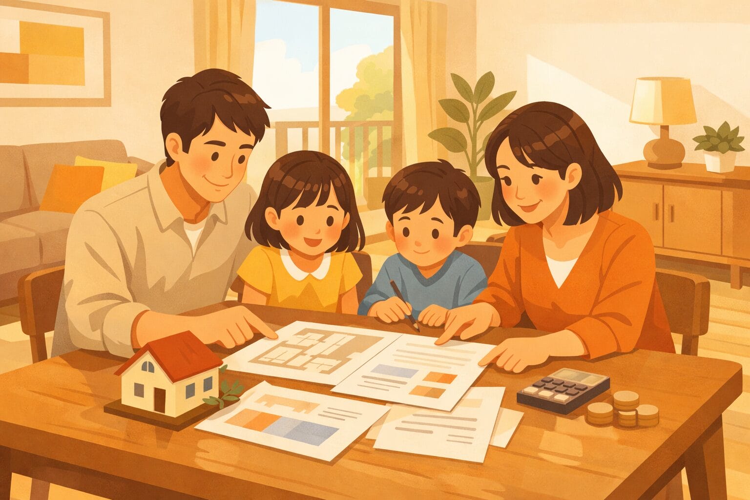 家族で住宅ローンの返済計画を話し合うイメージ