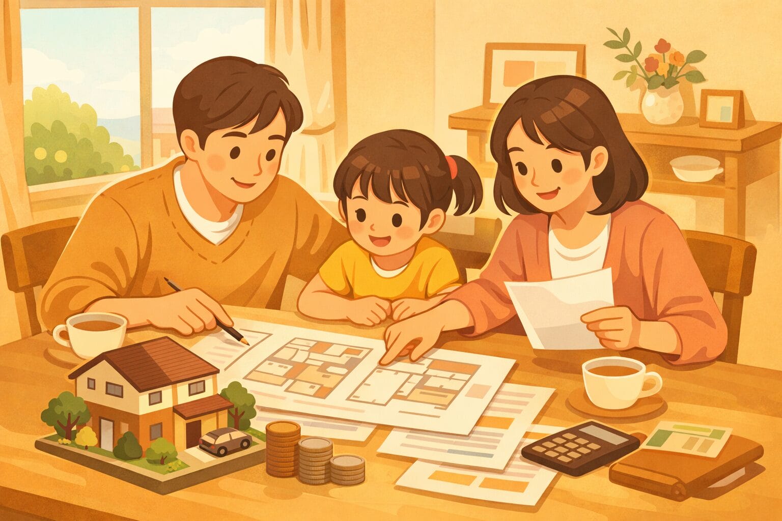 住宅ローンの借入額を家族で検討するイメージ