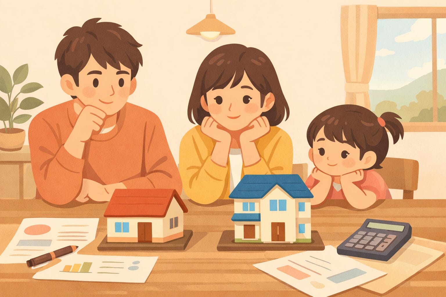 フラット35の借入先を比較検討する家族のイメージ