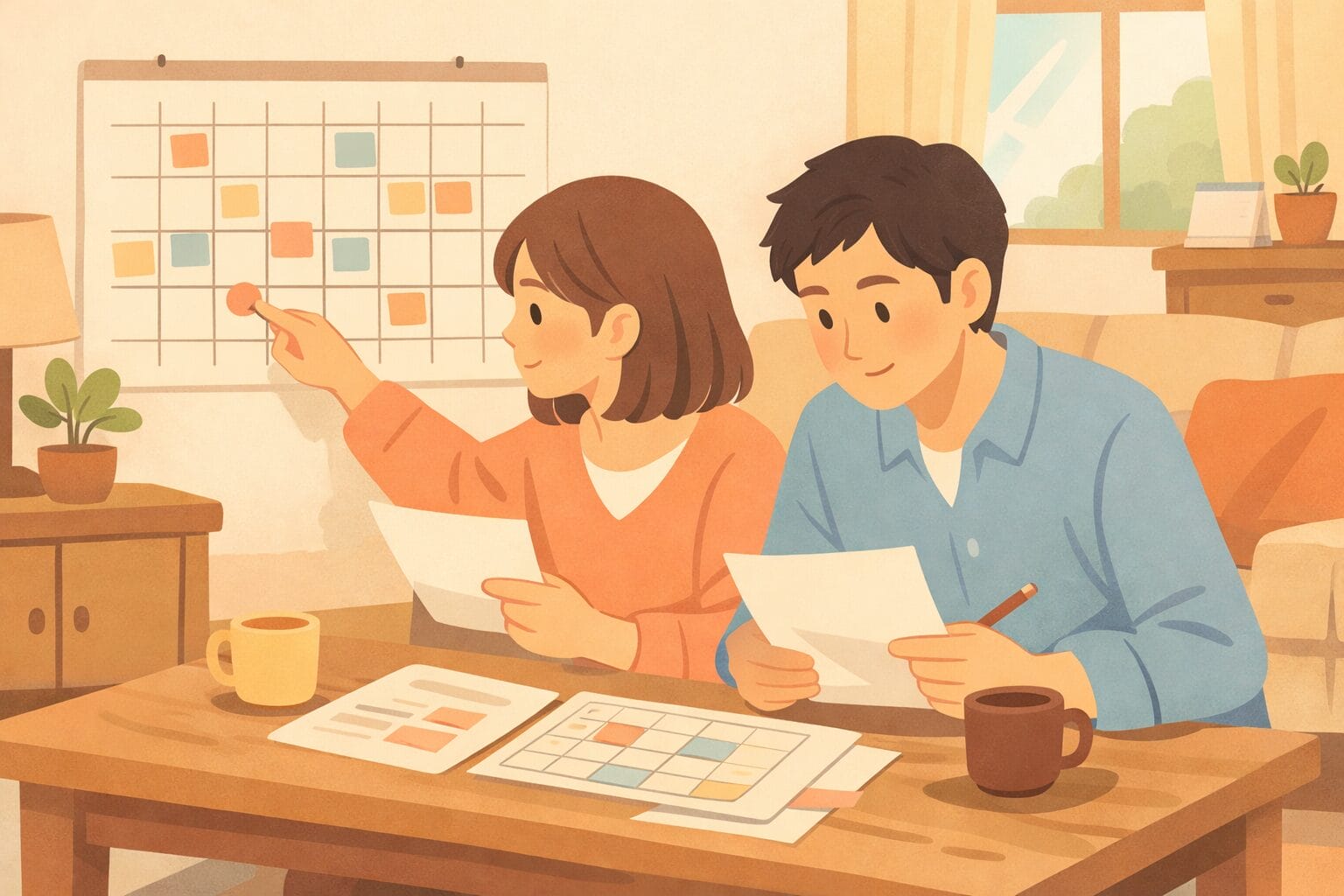 カレンダーを見ながら住宅ローンの手続きスケジュールを確認する夫婦のイメージ