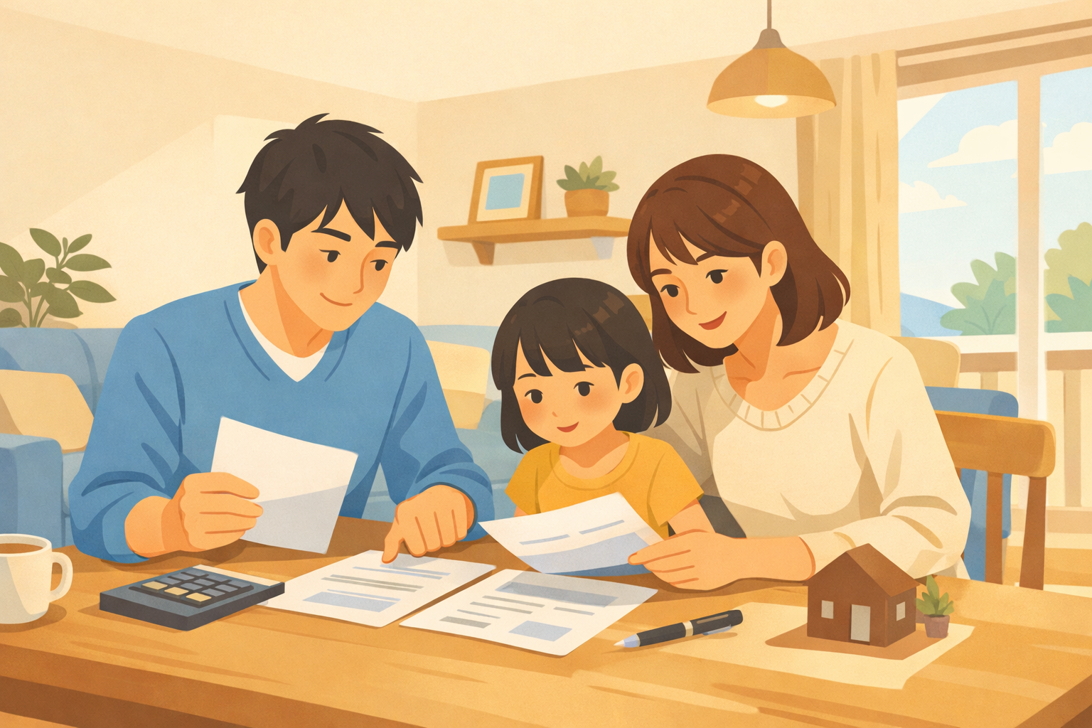 住宅ローンの審査書類を家族で確認するイメージ