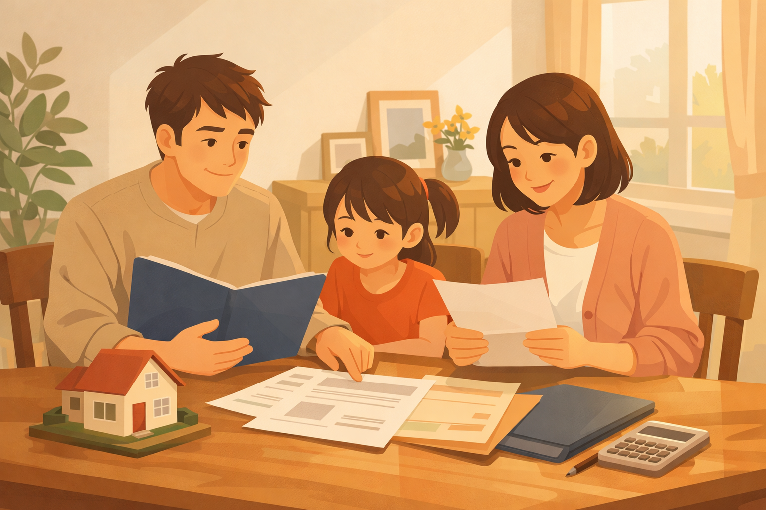 住宅ローンと災害への備えを家族で確認するイメージ