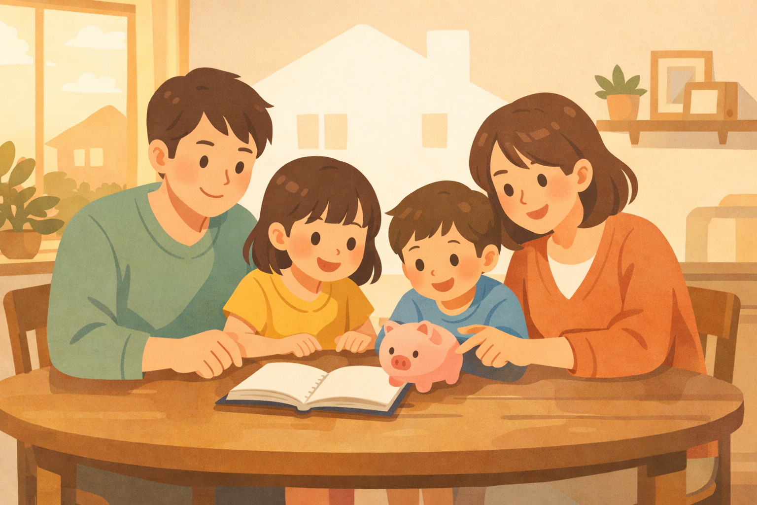 教育費と住宅ローンの返済計画を話し合う子育て世帯のイメージ