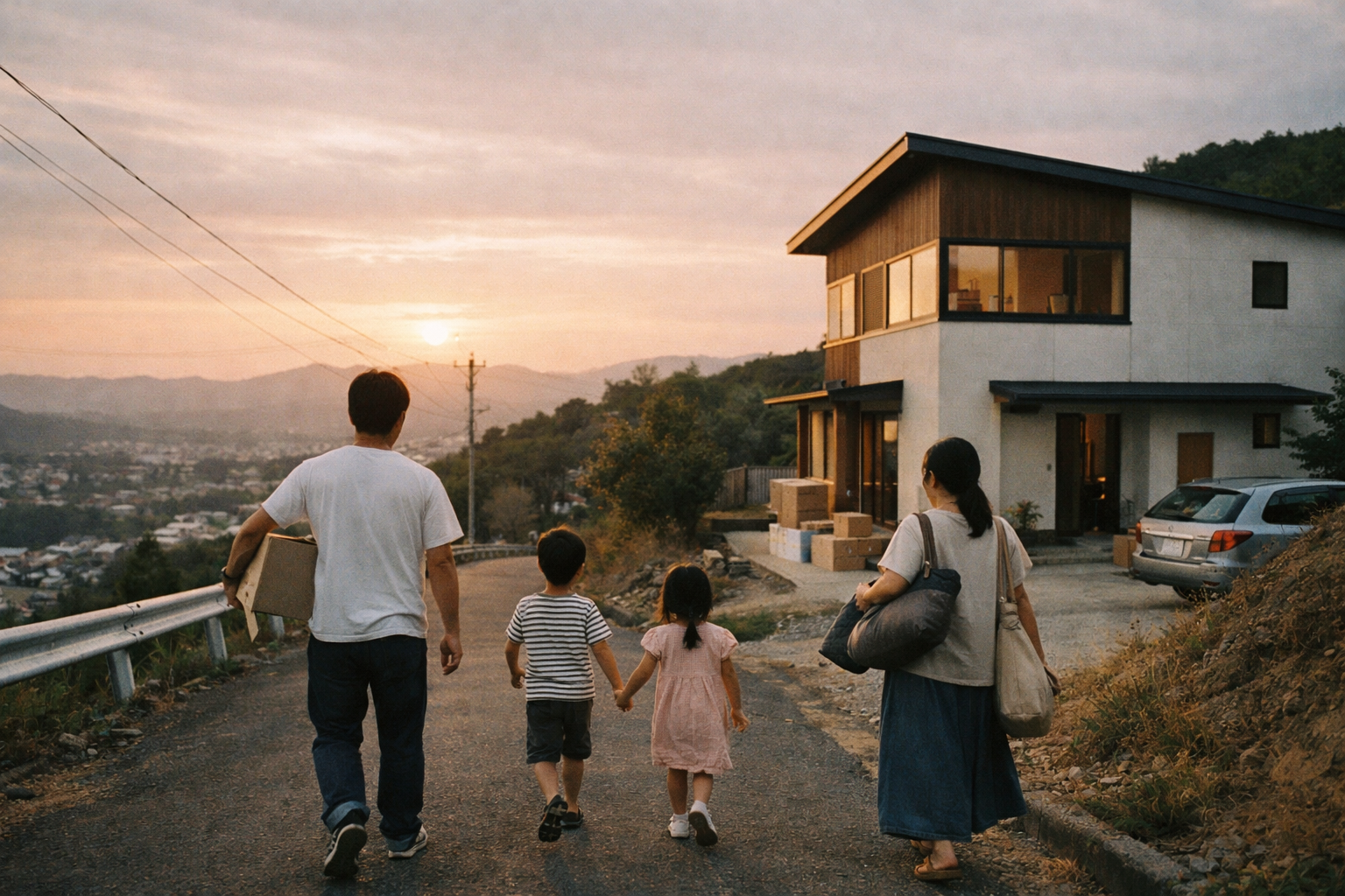 丘の上の家へ向かう家族と住宅ローン金利の推移のイメージ