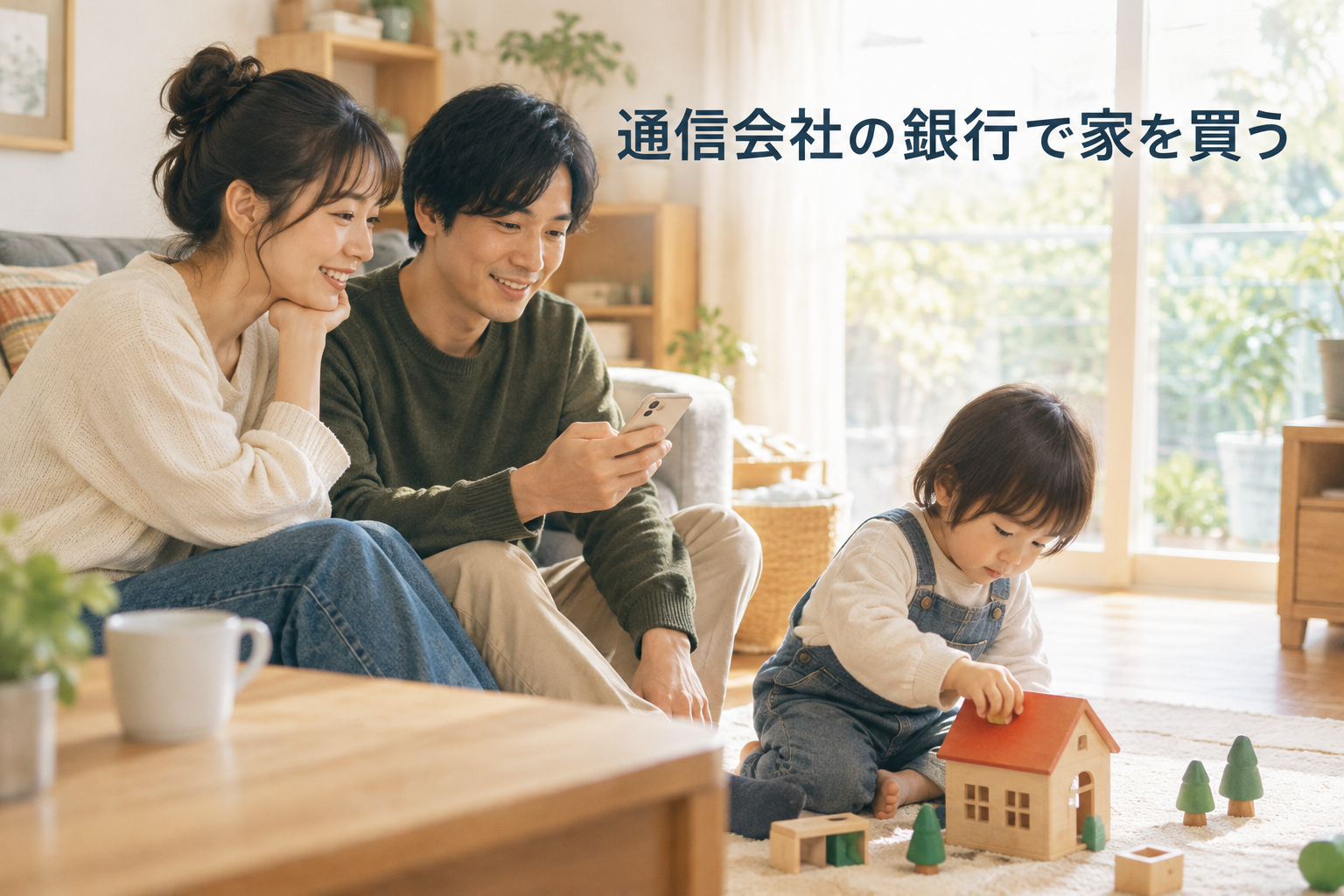 スマートフォンを手に住宅購入を考える家族