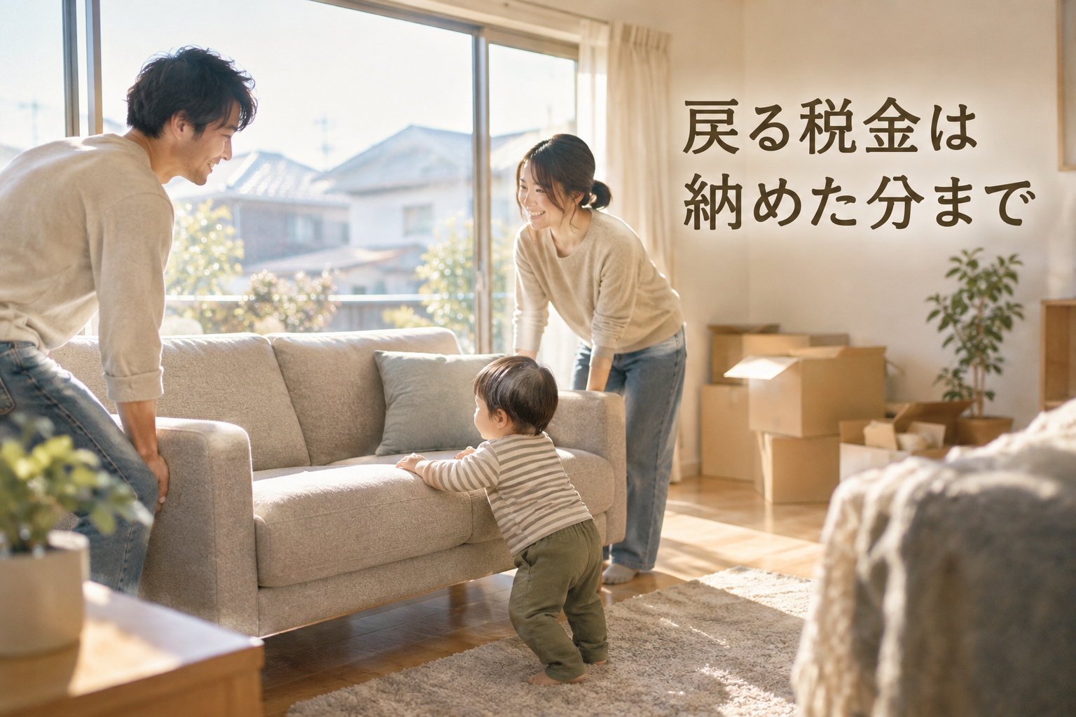 新居のリビングで家具を配置する子育て中の家族