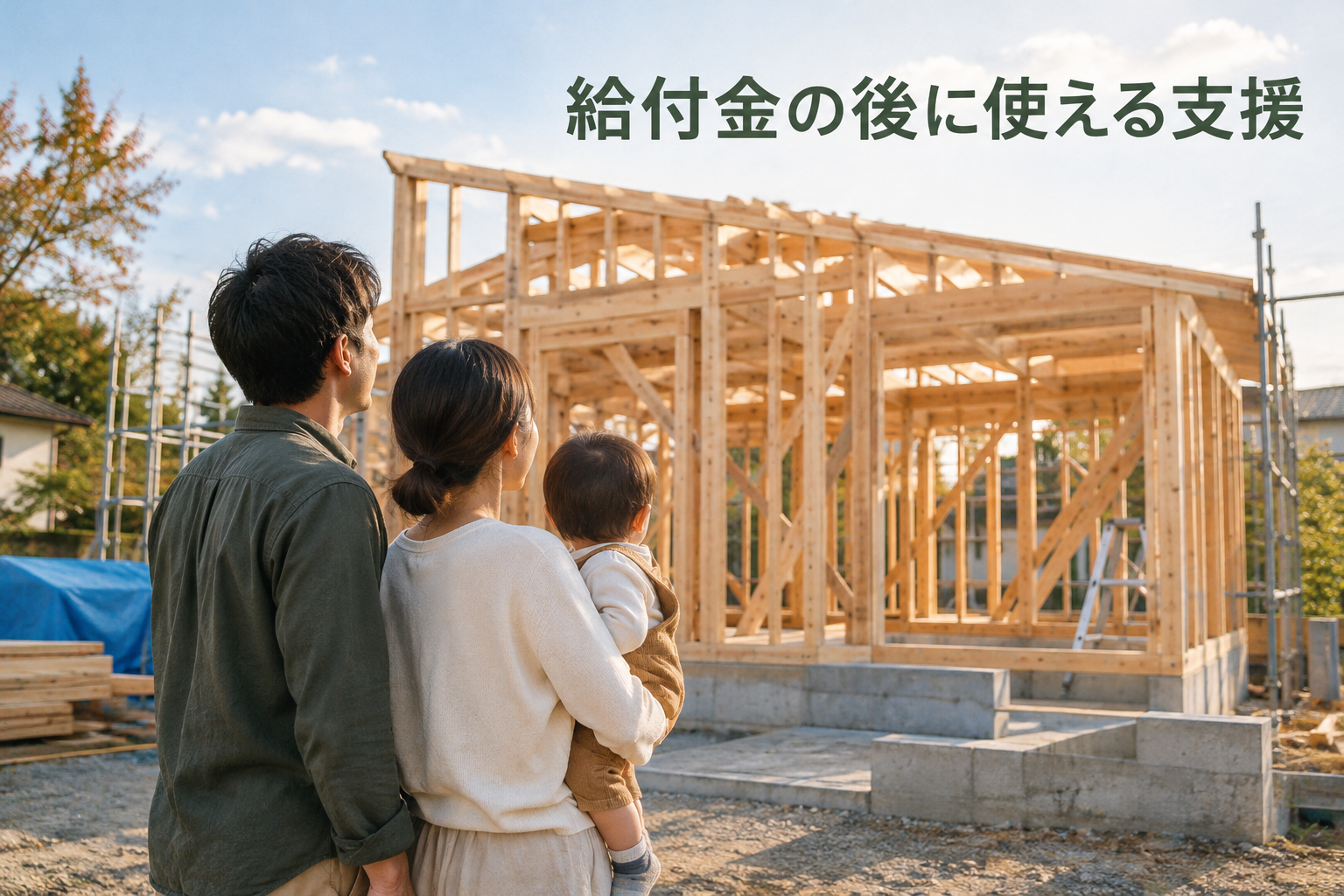 建築中のマイホームを見に来た子育て世帯のイメージ