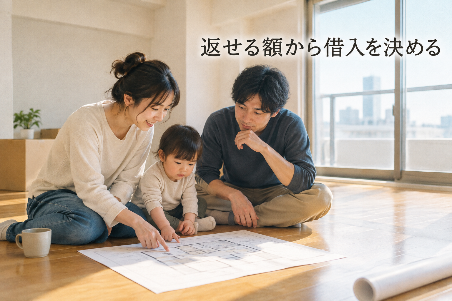 新居の間取り図を見ながら借入額を考える家族