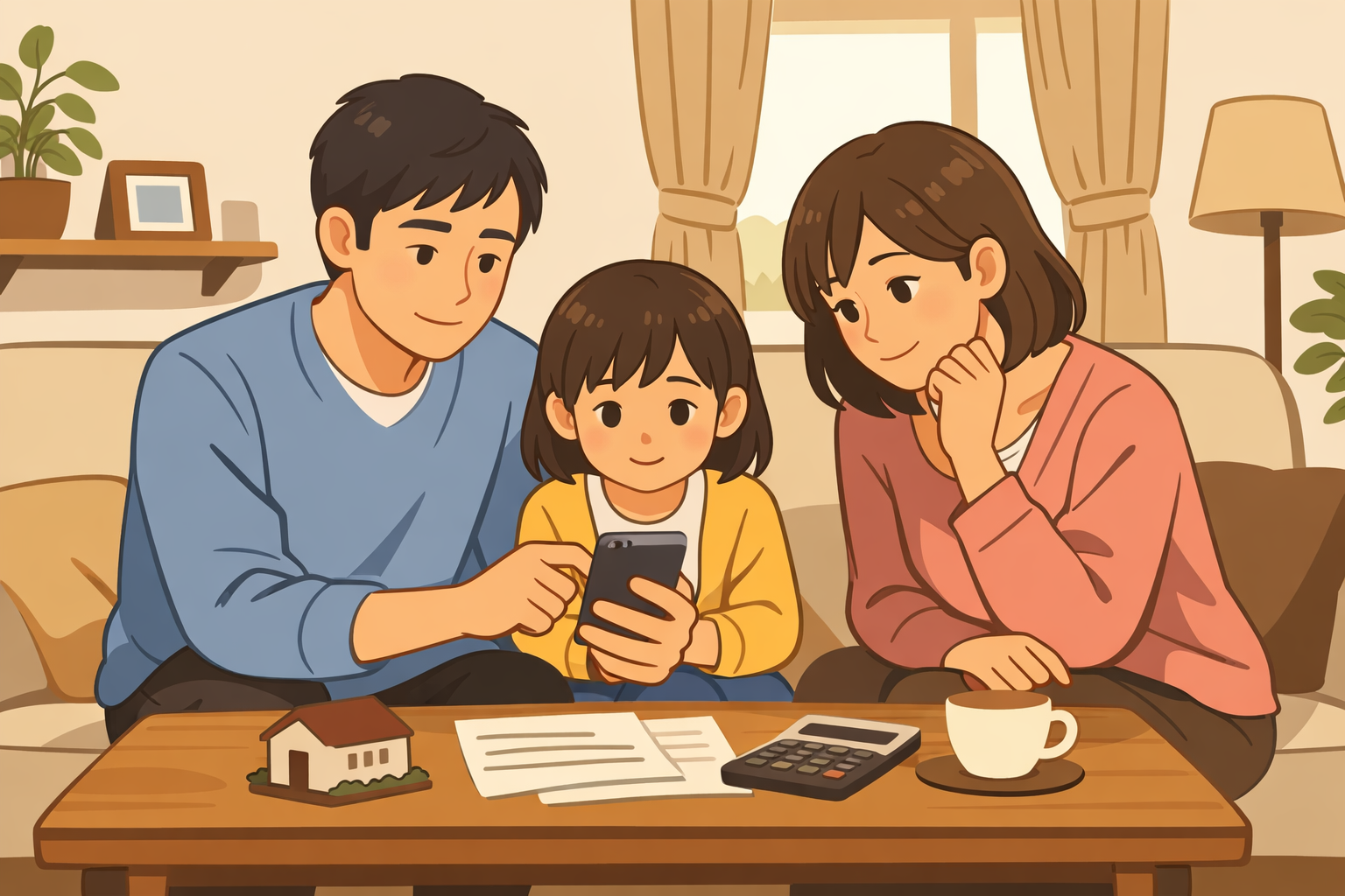 スマホで住宅ローンの条件を確認する家族のイメージ